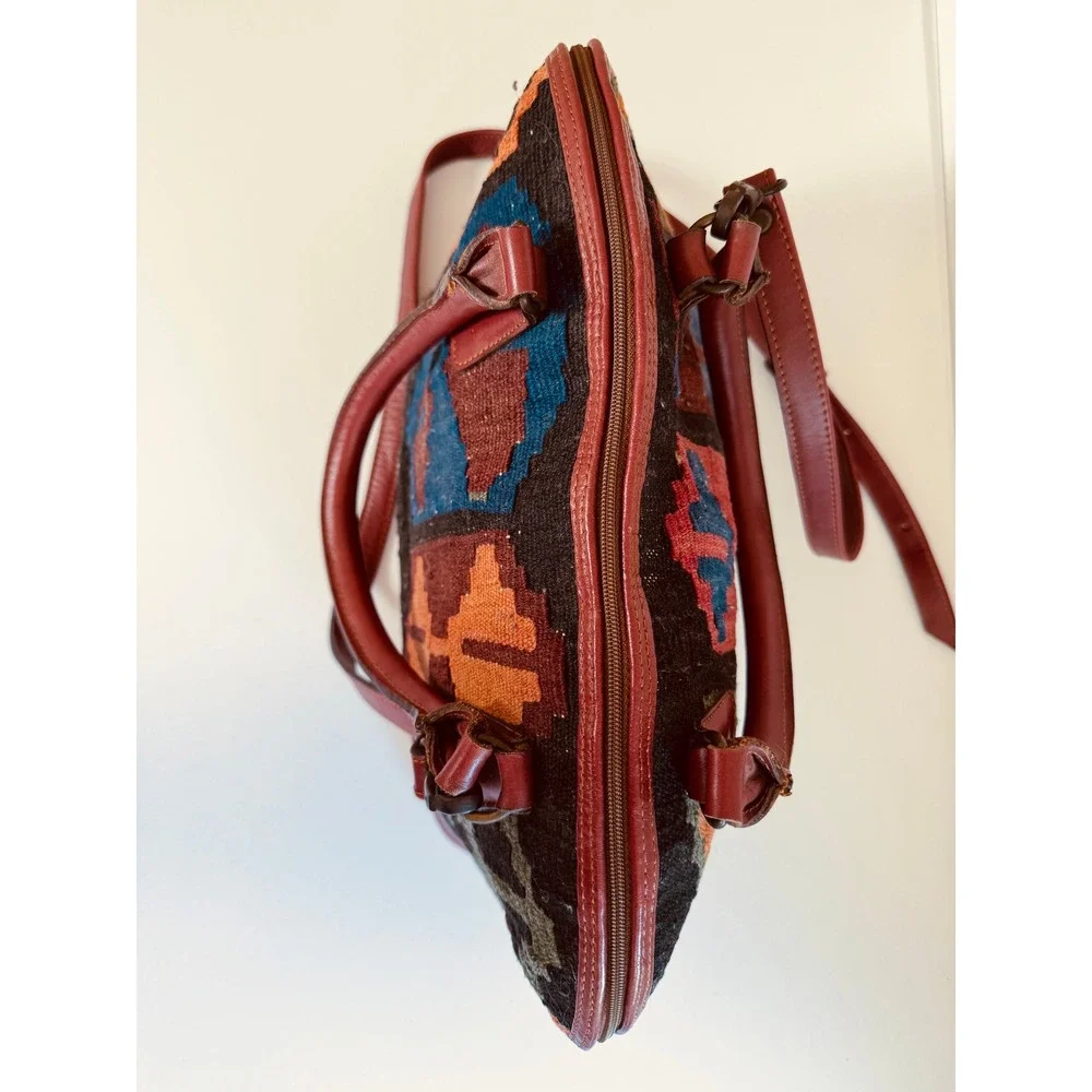 Kilim Rug Leather Satchel Crossbody Bag Boho Southwestern Tribal Purse